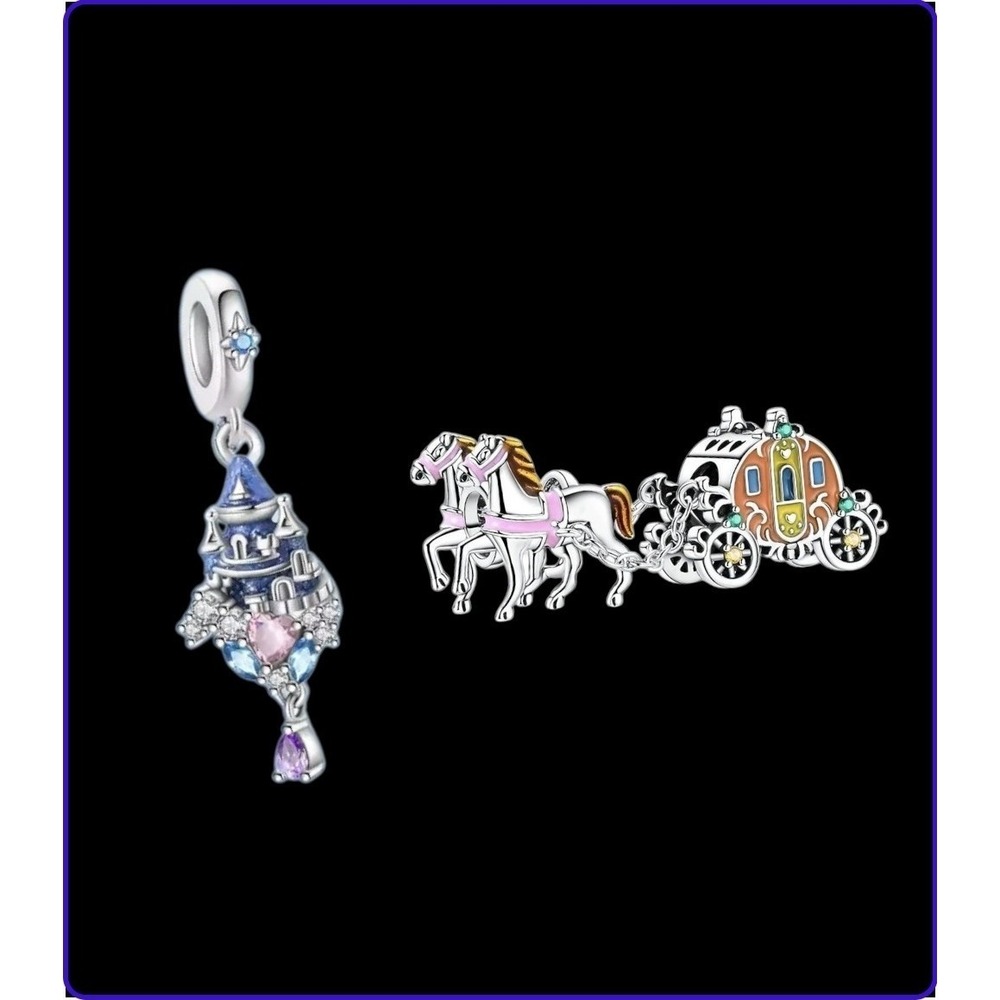 2 Princess Charms, Castle Dangle‎ For Necklace Or Bracelet Charm, Horse Carriage